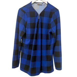 BELLE Kim Gravel Buffalo Plaid Signature Zip Top Medium Blue Black Pullover